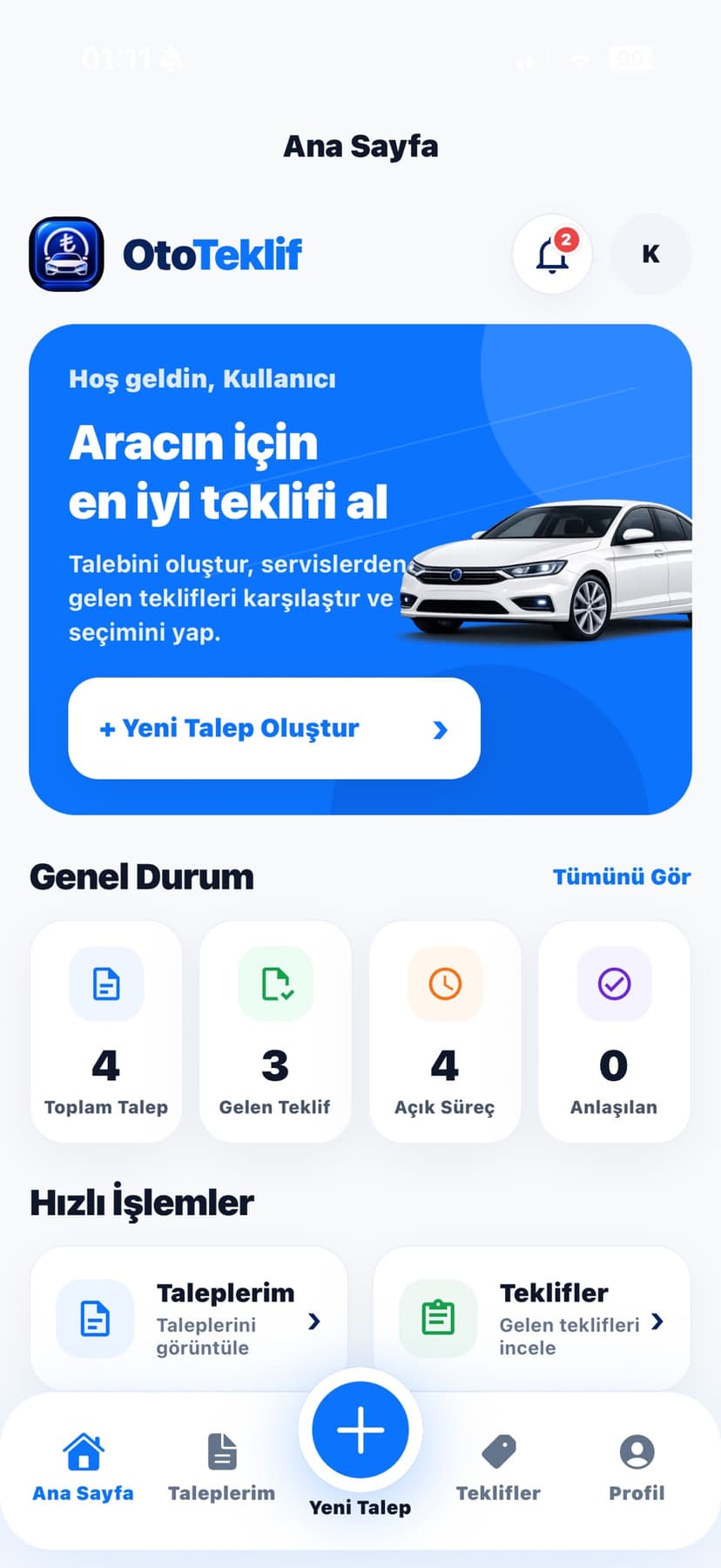 OtoTeklif mobil uygulama ana ekran