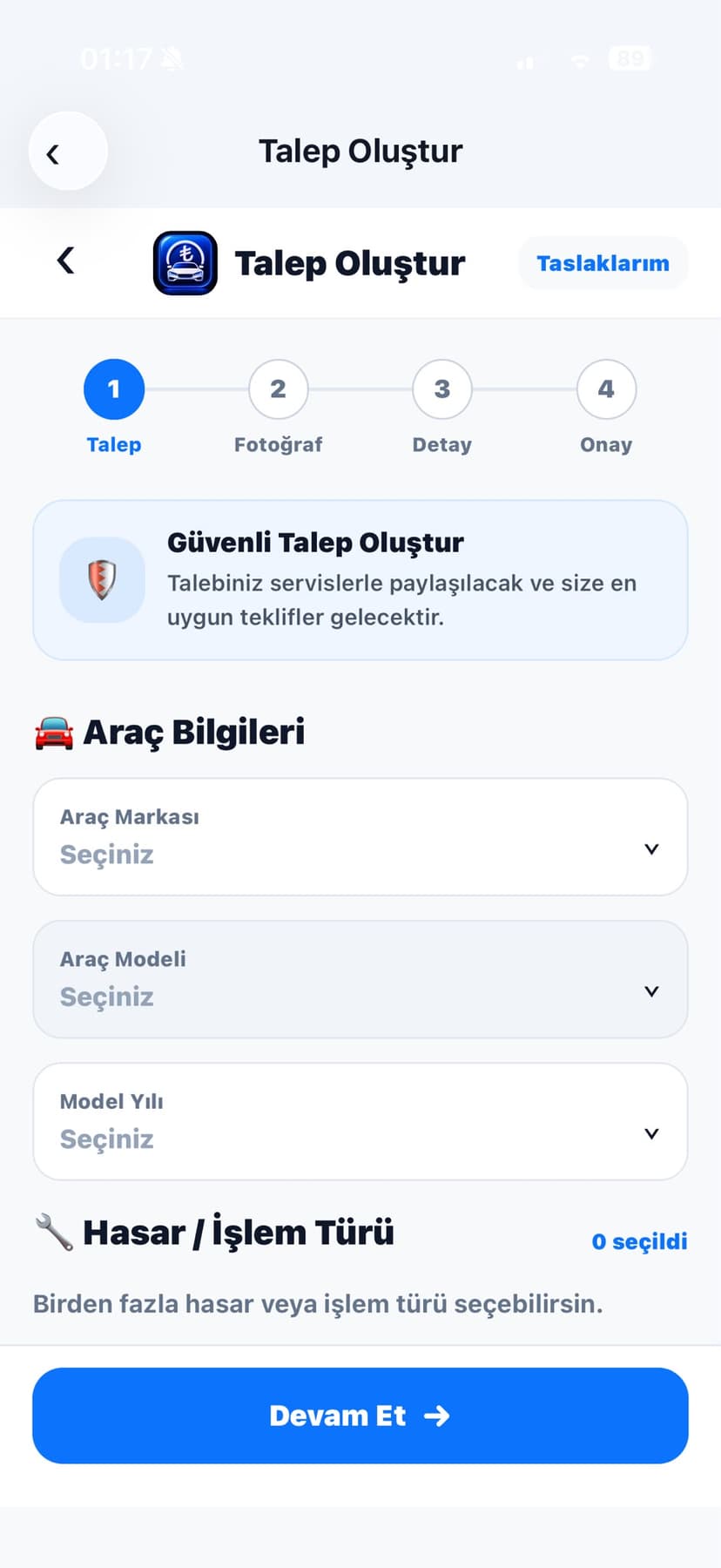 OtoTeklif talep ekranı